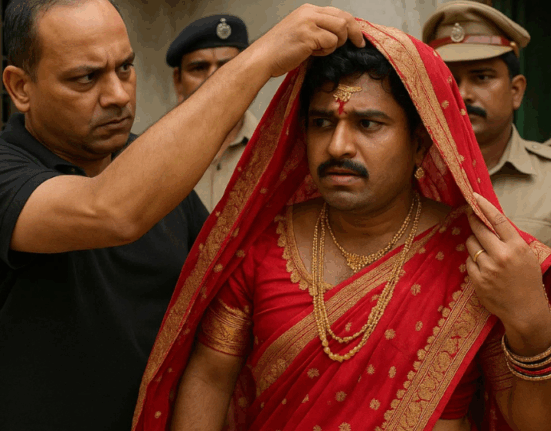Why did the policemen scream after seeing a person sitting in a saree and veil?