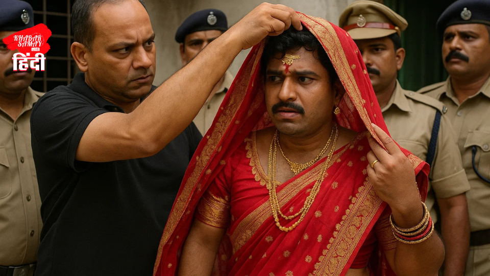 Why did the policemen scream after seeing a person sitting in a saree and veil?