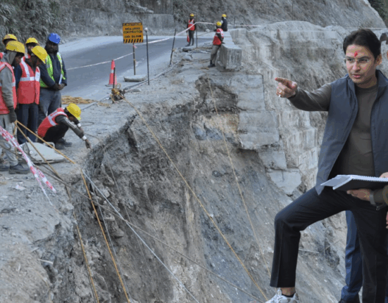 Repair work progresses rapidly at Birik Dara on NH-10, Raju Bista inspects—aiming to be completed before the next monsoon.