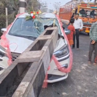 Container hits height bar, structure falls on four-wheeler; major accident averted
